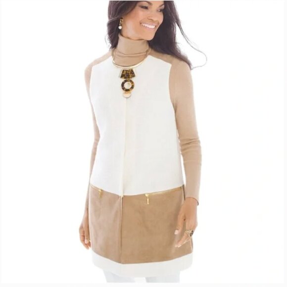 Chico's Women's Cream Textured Wool Long Vest With Snaps Faux Suede Panel XL - Picture 1 of 8